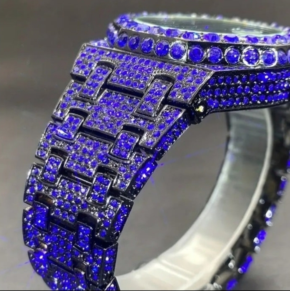 Mens Luxury Full Ice Electric BlueSimulated Diamond Hip Hop Bling Quartz Watch - Picture 5 of 12